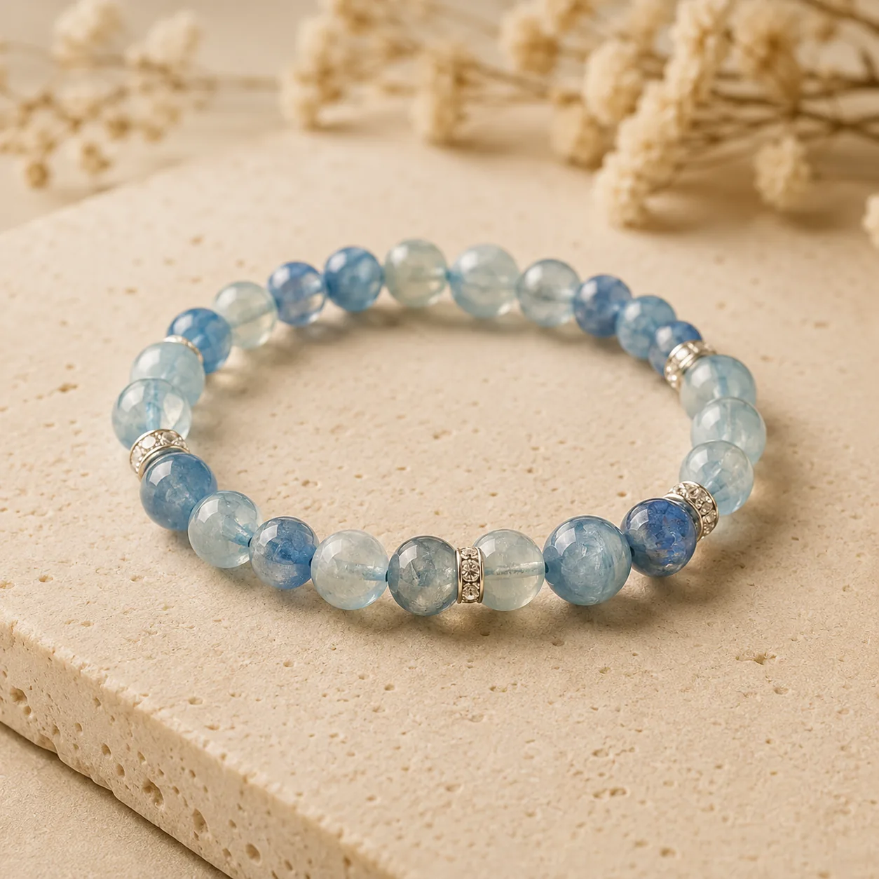 Calovena clarity bracelet in soft neutral light, blue kyanite beaded bracelet on a warm stone surface