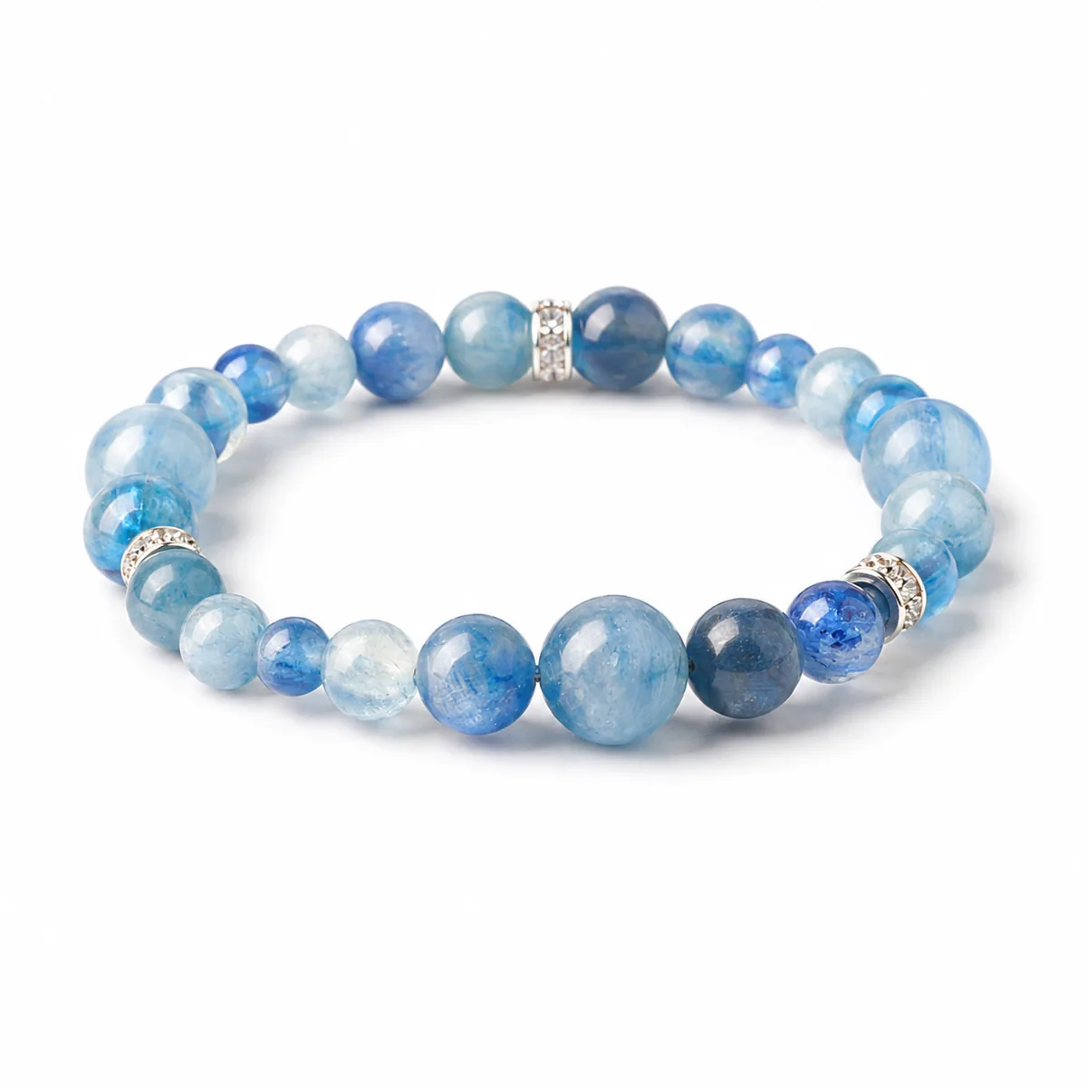 Front studio view of Calovena clarity bracelet with blue kyanite beads