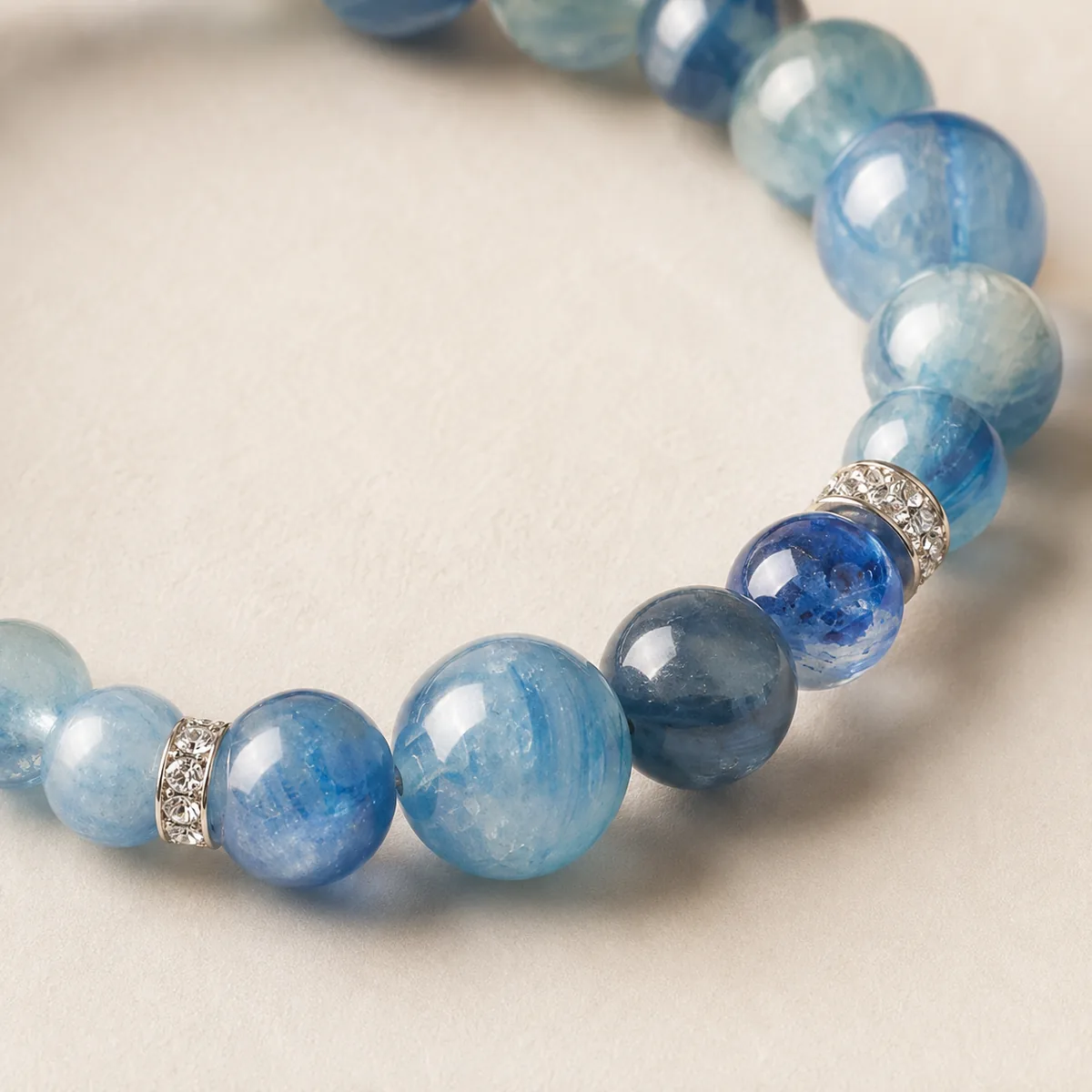 Close-up detail of blue kyanite beads and silver spacer on Calovena clarity bracelet