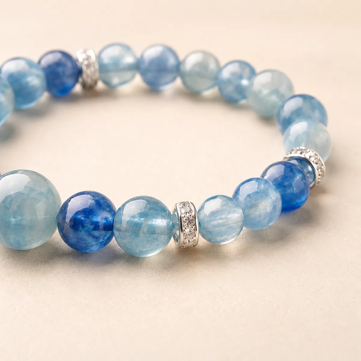 Detailed texture view of blue crystal bracelet beads and decorative spacer