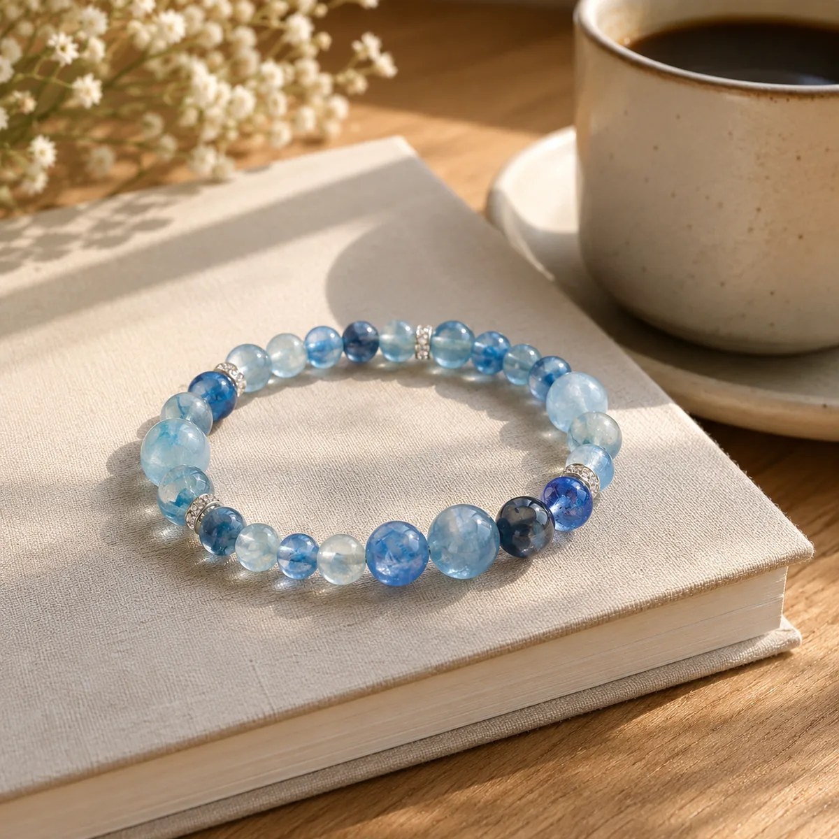 Calovena clarity bracelet styled in a calm lifestyle scene with coffee and a quiet morning mood