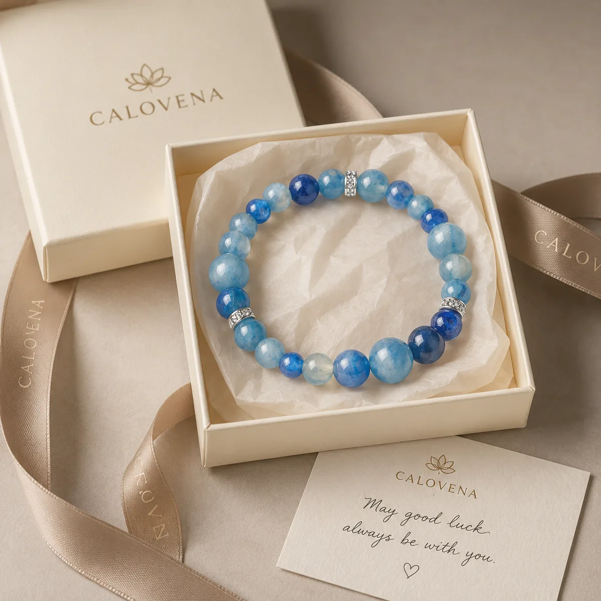Blue kyanite bracelet presented with Calovena gift packaging